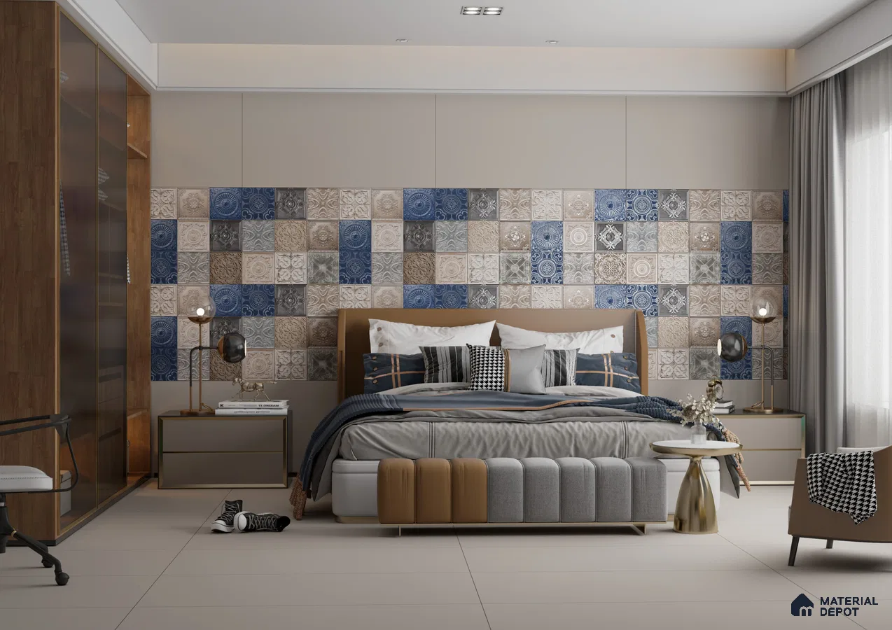 Contemporary Bedroom with Intricate Tile Accent Wall and Sleek Floor Design | Material Depot