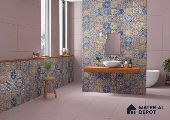 Serene Bathroom with Moroccan-Inspired Tiles and Pink Accents | Material Depot