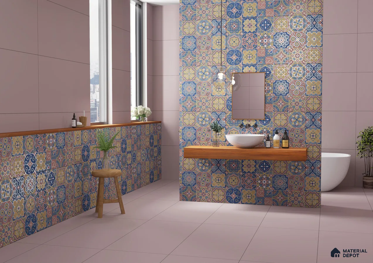 Serene Bathroom with Moroccan-Inspired Tiles and Pink Accents | Material Depot