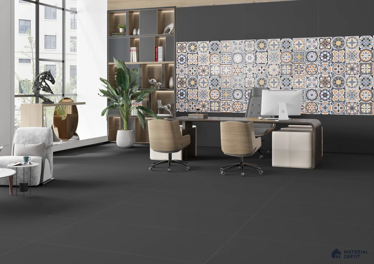 Modern Office with Vibrant Tile Accent Wall and Sleek Flooring | Material Depot