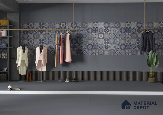 Fashion Boutique with Moroccan Tile Accent Wall and Sleek Gray Flooring | Material Depot