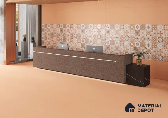 Elegant Reception Area with Moroccan Tile Accent Wall and Warm Floor Design | Material Depot