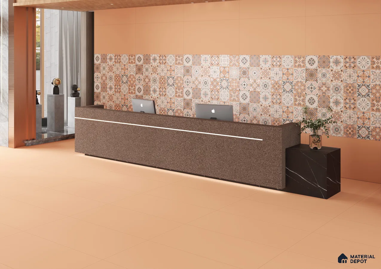Elegant Reception Area with Moroccan Tile Accent Wall and Warm Floor Design | Material Depot