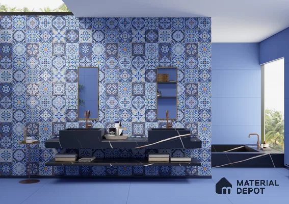 Modern Bathroom with Vibrant Blue Moroccan Tile Accent Wall | Material Depot