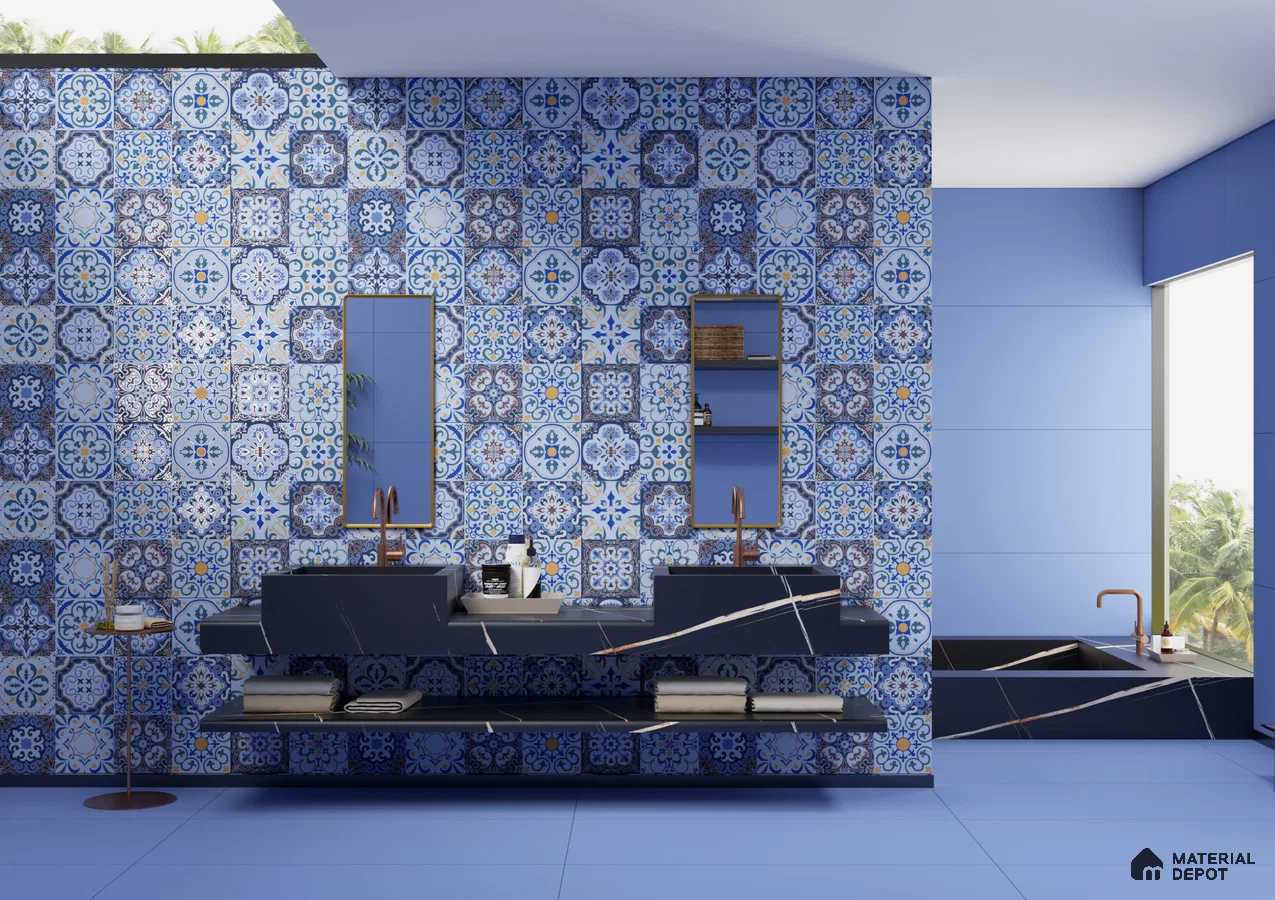 Modern Bathroom with Vibrant Blue Moroccan Tile Accent Wall | Material Depot
