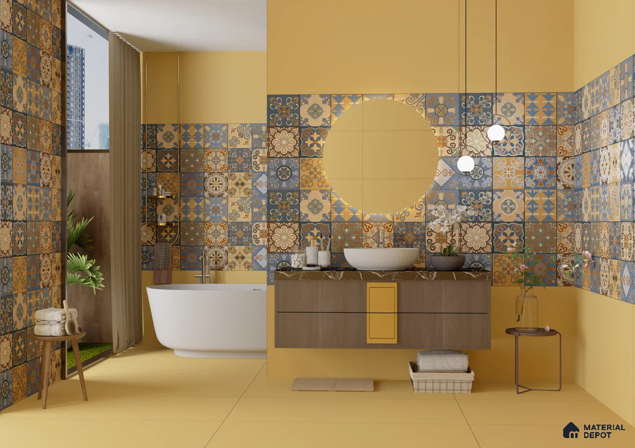 Bright and Bold Bathroom with Moroccan Tile Accent Wall | Material Depot