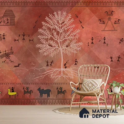 Chitra, Modern Warli Art Design Wallpaper Design for Walls, Customised Sukoon Series Canvas Patterned Design (Customised Size Wallpaper)