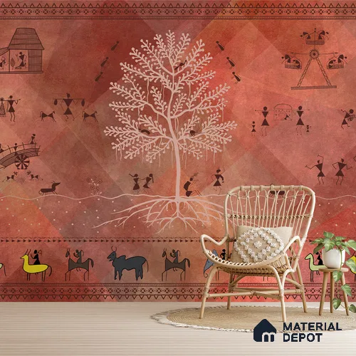 Chitra, Modern Warli Art Design Wallpaper Design for Walls, Customised Sukoon Series Canvas Patterned Design (Customised Size Wallpaper)