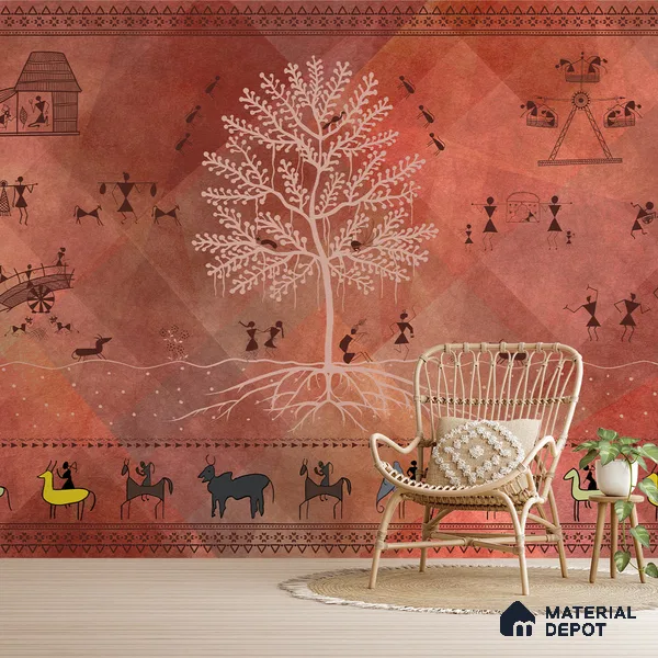 Chitra, Modern Warli Art Design Wallpaper Design for Walls, Customised Sukoon Series Canvas Patterned Design (Customised Size Wallpaper)