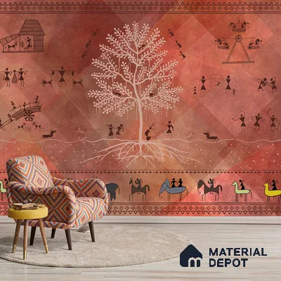 Chitra, Modern Warli Art Design Wallpaper Design for Walls, Customised Sukoon Series Handmade Patterned Design (Customised Size Wallpaper)