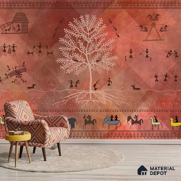 Chitra, Modern Warli Art Design Wallpaper Design for Walls, Customised Sukoon Series Handmade Patterned Design (Customised Size Wallpaper)