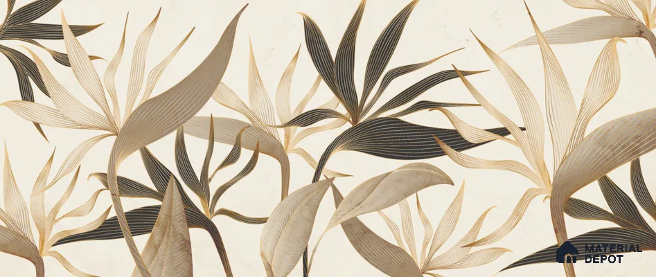 Cream Abstract Tropical with Gold Accents Leafy Hues Botanical Wall Art | WP 03931 B Canvas Texture Finish Tropical Style luxurious Customized size Wallpaper | 250 GSM WP01CNF Paper | (MOQ = 30 Sq. Ft.)