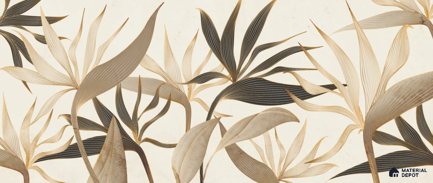 Cream Abstract Tropical with Gold Accents Leafy Hues Botanical Wall Art | WP 03931 Non Woven Matte Finish Tropical Style Premium Customized size Wallpaper | 150 GSM WP01MTF Paper | (MOQ = 30 Sq. Ft.)