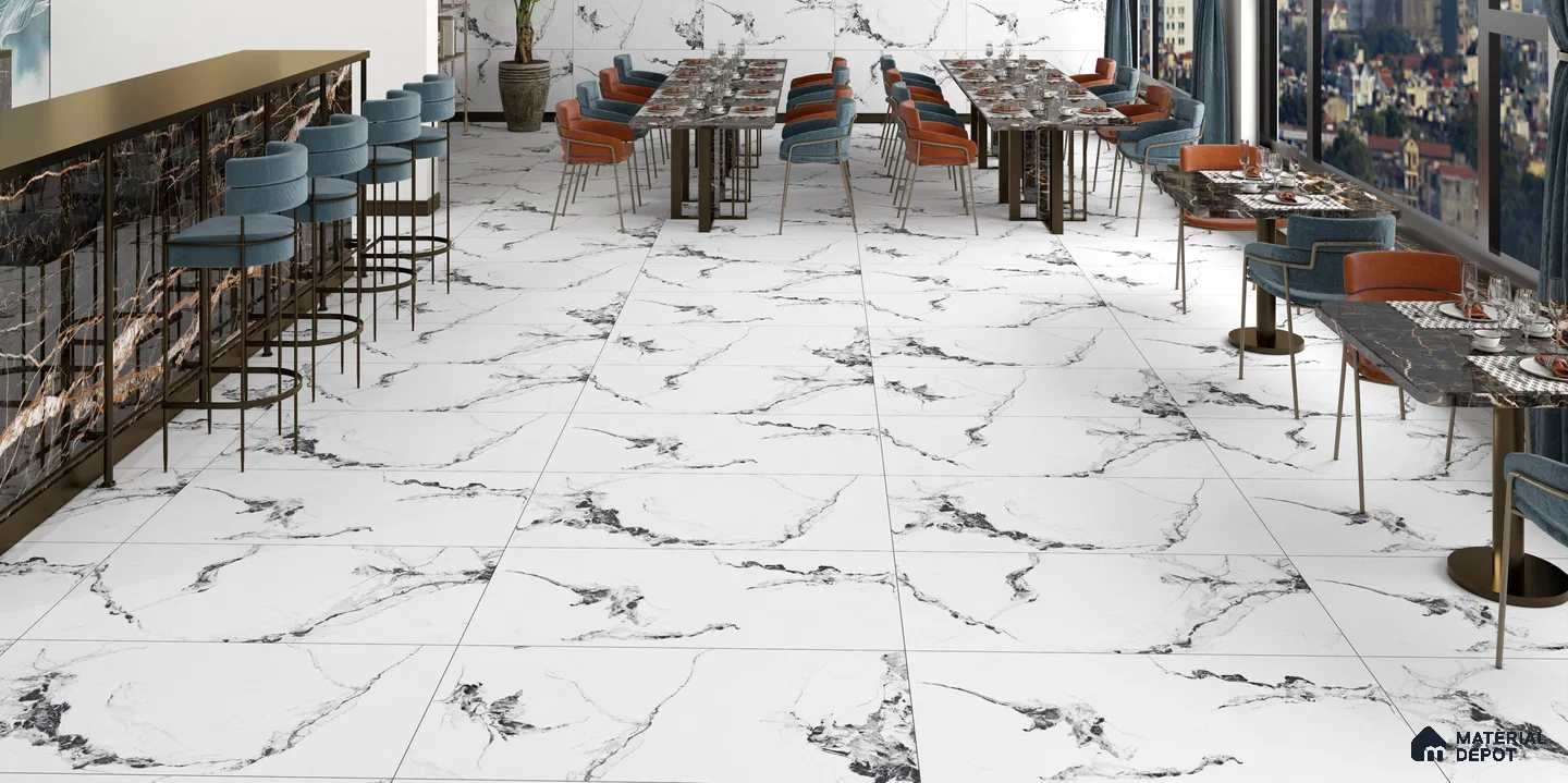 Elegant Dining Area with White Marble Tiles | Material Depot