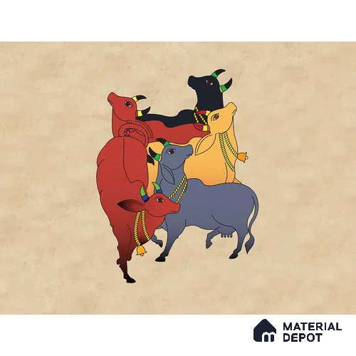 Colourful Cows Pichwai Wallpaper for Rooms, Customised Indrani Series Canvas Artistic Design (Customised Size Wallpaper )