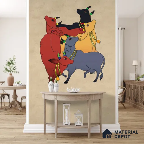 Colourful Cows Pichwai Wallpaper for Rooms, Customised Indrani Series Handmade Artistic Design (Customised Size Wallpaper )