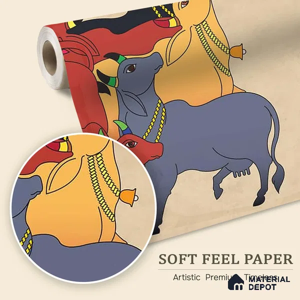 Colourful Cows Pichwai | Multicolour Pichwai Cattle Traditional Look Wallpaper Soft Feel (Customised Size)