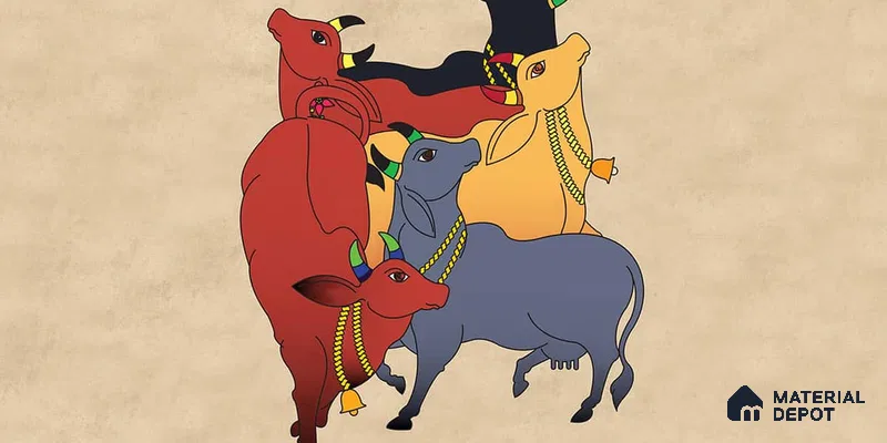 Colourful Cows Pichwai | Multicolour Pichwai Cattle Traditional Look Wallpaper Soft Feel (Customised Size)