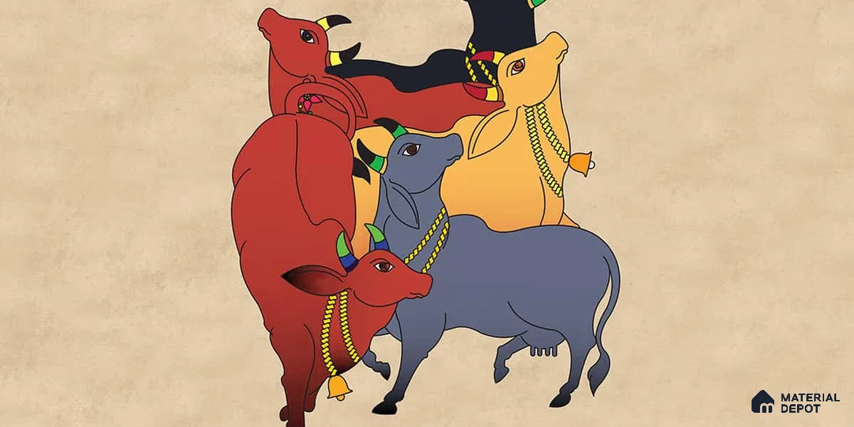 Colourful Cows Pichwai | Multicolour Pichwai Cattle Traditional Look Wallpaper Soft Feel (Customised Size)