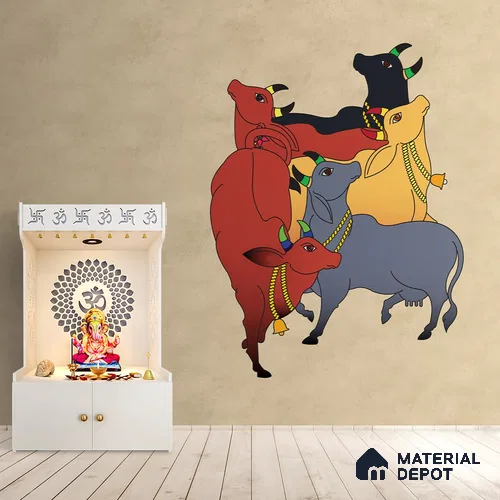 Colourful Cows Pichwai Wallpaper for Rooms, Customised Indrani Series Soft Feel Artistic Design (Customised Size Wallpaper )