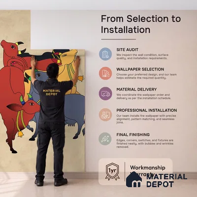 Colourful Cows Pichwai | Multicolour Pichwai Cattle Traditional Look Wallpaper Soft Feel (Customised Size)
