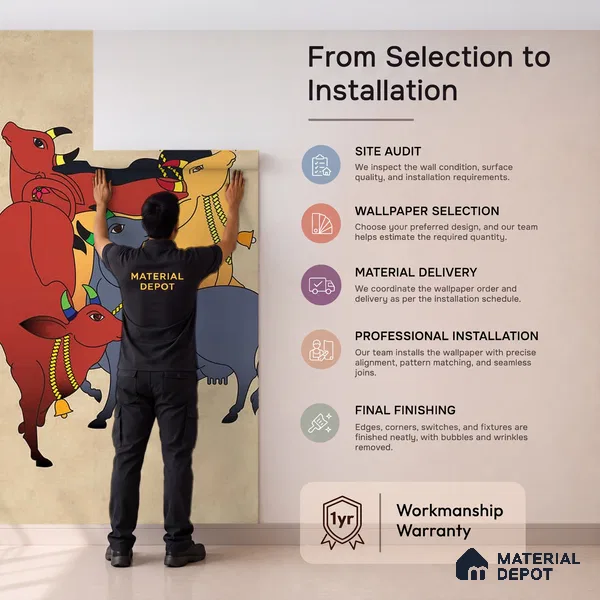 Colourful Cows Pichwai | Multicolour Pichwai Cattle Traditional Look Wallpaper Soft Feel (Customised Size)