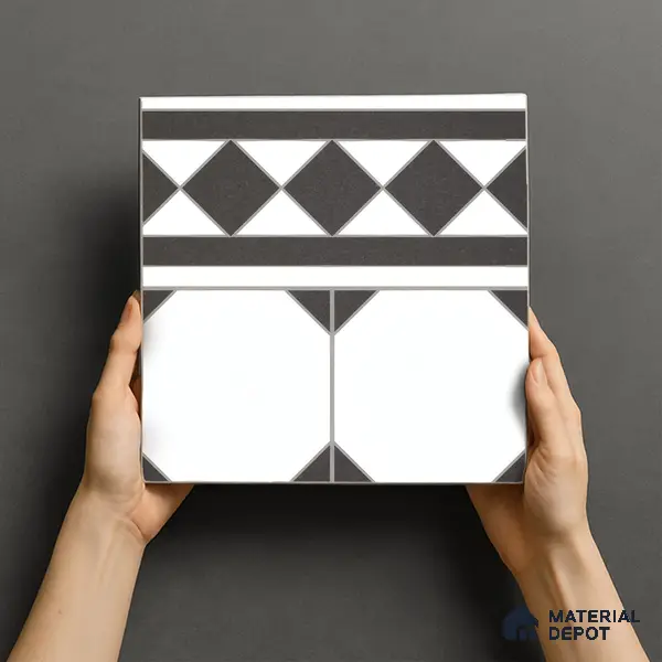 Moroccan Carpet Floor Tile TL 00202 B Border Monochrome 1 ft x 1 ft Matte Finish Ceramic Tile - 9 mm | Suitable For Living Room, Kitchen, Bathroom | Please Expect a Slight Variation of Pattern