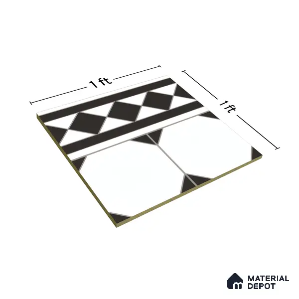 Moroccan Carpet Floor Tile TL 00202 B Border Monochrome 1 ft x 1 ft Matte Finish Ceramic Tile - 9 mm | Suitable For Living Room, Kitchen, Bathroom | Please Expect a Slight Variation of Pattern