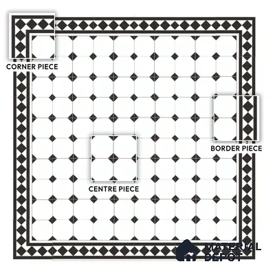 Moroccan Carpet Floor Tile TL 00202 B Border Monochrome 1 ft x 1 ft Matte Finish Ceramic Tile - 9 mm | Suitable For Living Room, Kitchen, Bathroom | Please Expect a Slight Variation of Pattern