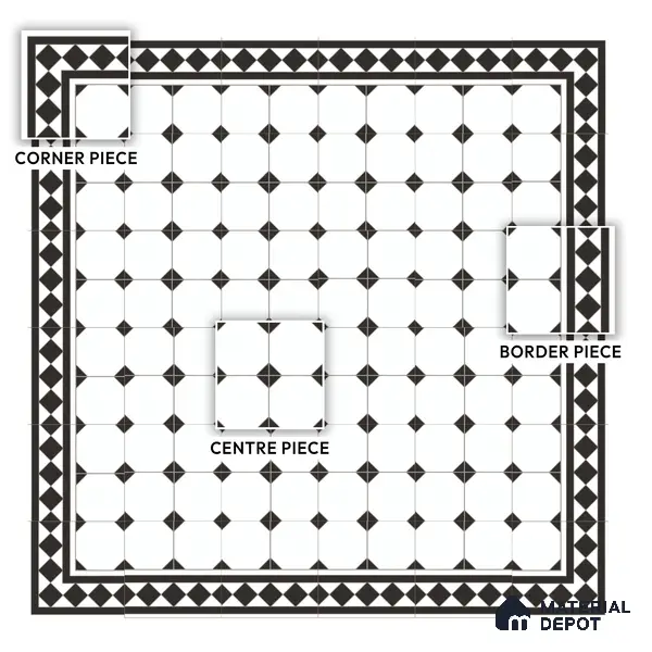 Moroccan Carpet Floor Tile TL 00202 B Border Monochrome 1 ft x 1 ft Matte Finish Ceramic Tile - 9 mm | Suitable For Living Room, Kitchen, Bathroom | Please Expect a Slight Variation of Pattern