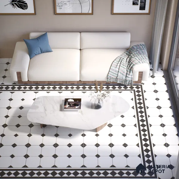 Moroccan Carpet Wall & Floor Tile TL 00202 C Centre Monochrome 1 ft x 1 ft Matte Finish Ceramic Tile - 9 mm | Suitable For Living Room, Kitchen, Bathroom | Please Expect a Slight Variation of Pattern