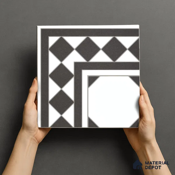 Moroccan Carpet Floor Tile TL 00202 A Corner Monochrome 1 ft x 1 ft Matte Finish Ceramic Tile - 9 mm | Suitable For Living Room, Kitchen, Bathroom | Please Expect a Slight Variation of Pattern