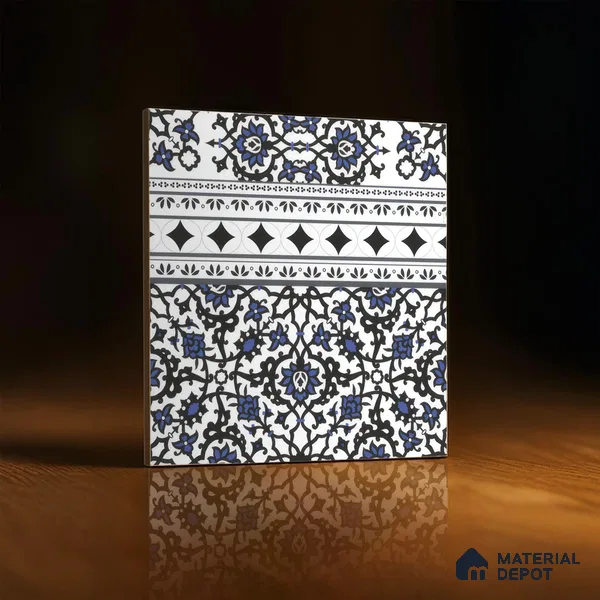 Moroccan Carpet Floor Tile TL 00203 B Border Blue 1 ft x 1 ft Matte Finish Ceramic Tile - 9 mm | Suitable For Living Room, Kitchen, Dining Area | Please Expect a Slight Variation of Pattern