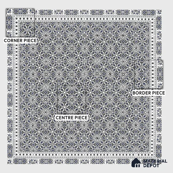 Moroccan Carpet Floor Tile TL 00203 B Border Blue 1 ft x 1 ft Matte Finish Ceramic Tile - 9 mm | Suitable For Living Room, Kitchen, Dining Area | Please Expect a Slight Variation of Pattern