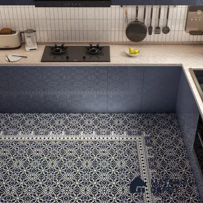 Moroccan Carpet Floor Tile TL 00203 B Border Blue 1 ft x 1 ft Matte Finish Ceramic Tile - 9 mm | Suitable For Living Room, Kitchen, Dining Area | Please Expect a Slight Variation of Pattern