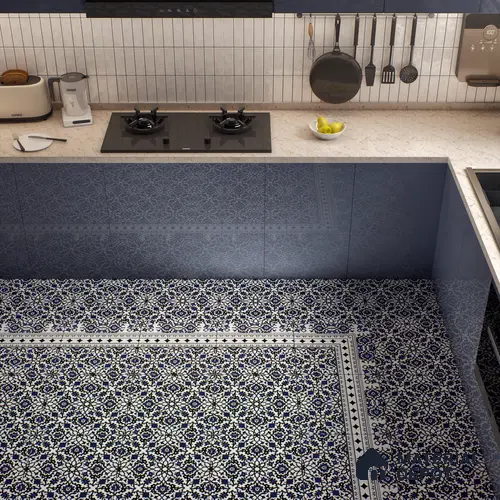 Moroccan Carpet Floor Tile TL 00203 B Border Blue 1 ft x 1 ft Matte Finish Ceramic Tile - 9 mm | Suitable For Living Room, Kitchen, Bathroom | Please Expect a Slight Variation of Pattern