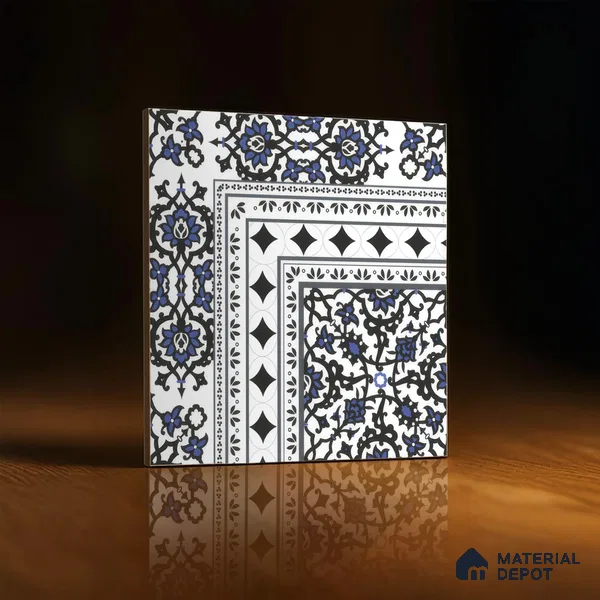 Moroccan Carpet Floor Tile TL 00203 A Corner Blue 1 ft x 1 ft Matte Finish Ceramic Tile - 9 mm | Suitable For Living Room, Kitchen, Dining Area | Please Expect a Slight Variation of Pattern