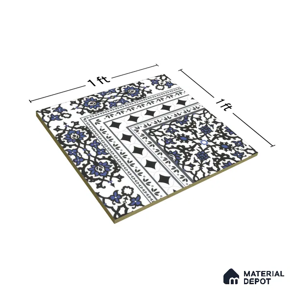 Moroccan Carpet Floor Tile TL 00203 A Corner Blue 1 ft x 1 ft Matte Finish Ceramic Tile - 9 mm | Suitable For Living Room, Kitchen, Dining Area | Please Expect a Slight Variation of Pattern