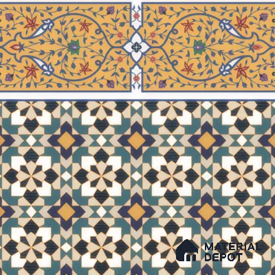 Moroccan Carpet Floor Tile TL 00205 B Border Yellow & Blue 1 ft x 1 ft Matte Finish Ceramic Tile - 9 mm | Suitable For Living Room, Kitchen, Bathroom | Please Expect a Slight Variation of Pattern