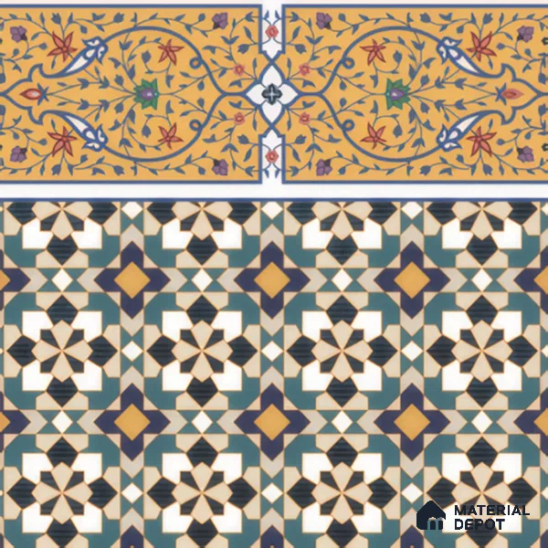 Moroccan Carpet Floor Tile TL 00205 B Border Yellow & Blue 1 ft x 1 ft Matte Finish Ceramic Tile - 9 mm | Suitable For Living Room, Kitchen, Bathroom | Please Expect a Slight Variation of Pattern