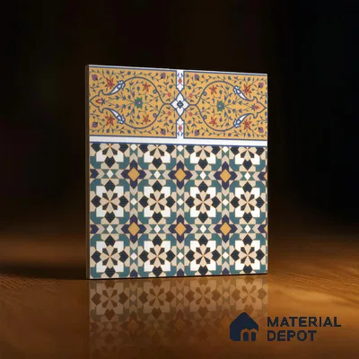 Moroccan Carpet Floor Tile TL 00205 B Border Yellow & Blue 1 ft x 1 ft Matte Finish Ceramic Tile - 9 mm | Suitable For Living Room, Kitchen, Bathroom | Please Expect a Slight Variation of Pattern