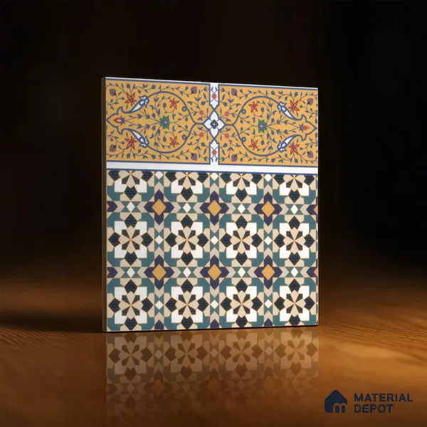 Moroccan Carpet Floor Tile TL 00205 B Border Yellow & Blue 1 ft x 1 ft Matte Finish Ceramic Tile - 9 mm | Suitable For Living Room, Kitchen, Bathroom | Please Expect a Slight Variation of Pattern