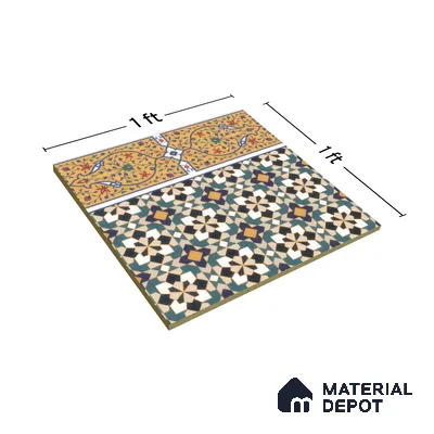 Moroccan Carpet Floor Tile TL 00205 B Border Yellow & Blue 1 ft x 1 ft Matte Finish Ceramic Tile - 9 mm | Suitable For Living Room, Kitchen, Bathroom | Please Expect a Slight Variation of Pattern