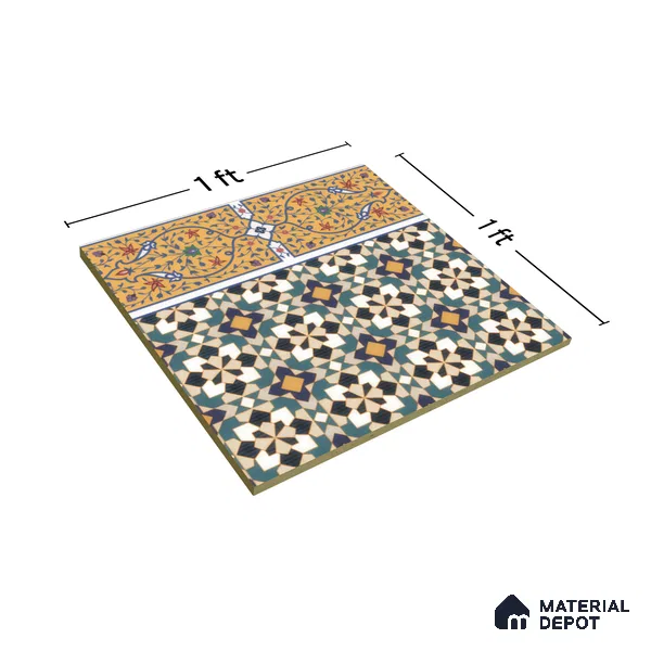 Moroccan Carpet Floor Tile TL 00205 B Border Yellow & Blue 1 ft x 1 ft Matte Finish Ceramic Tile - 9 mm | Suitable For Living Room, Kitchen, Bathroom | Please Expect a Slight Variation of Pattern