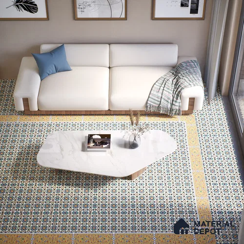 Moroccan Carpet Floor Tile TL 00205 B Border Yellow & Blue 1 ft x 1 ft Matte Finish Ceramic Tile - 9 mm | Suitable For Living Room, Kitchen, Dining Area | Please Expect a Slight Variation of Pattern