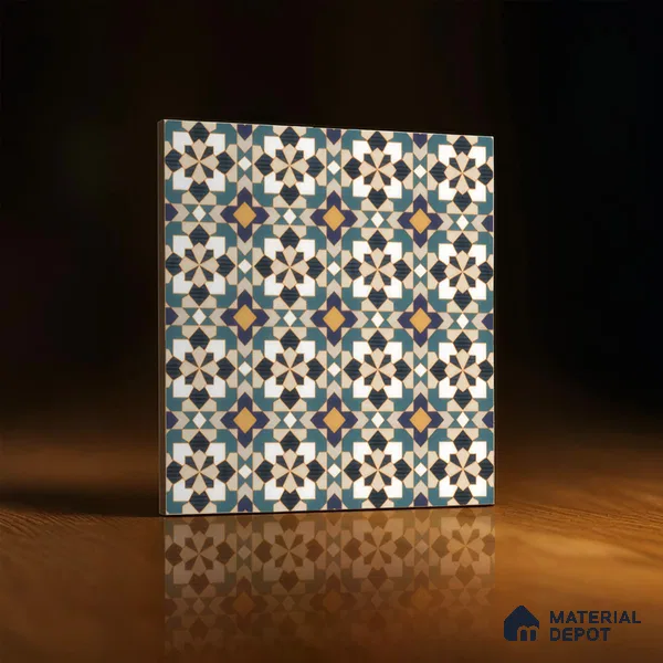 Moroccan Carpet Wall & Floor Tile TL 00205 C Centre Yellow & Blue 1 ft x 1 ft Matte Finish Ceramic Tile - 9 mm | Suitable For Living Room, Kitchen, Dining Area | Please Expect a Slight Variation of Pattern