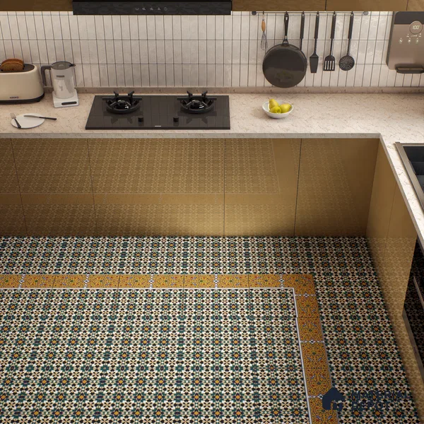 Moroccan Carpet Wall & Floor Tile TL 00205 C Centre Yellow & Blue 1 ft x 1 ft Matte Finish Ceramic Tile - 9 mm | Suitable For Living Room, Kitchen, Dining Area | Please Expect a Slight Variation of Pattern