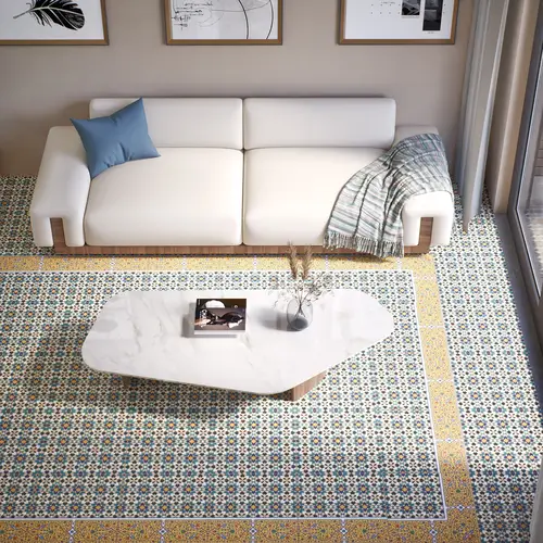 Moroccan Carpet Wall & Floor Tile TL 00205 C Centre Yellow & Blue 1 ft x 1 ft Matte Finish Ceramic Tile - 9 mm | Suitable For Living Room, Kitchen, Bathroom | Please Expect a Slight Variation of Pattern