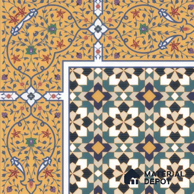 Moroccan Carpet Floor Tile TL 00205 A Corner Yellow & Blue 1 ft x 1 ft Matte Finish Ceramic Tile - 9 mm | Suitable For Living Room, Kitchen, Dining Area | Please Expect a Slight Variation of Pattern