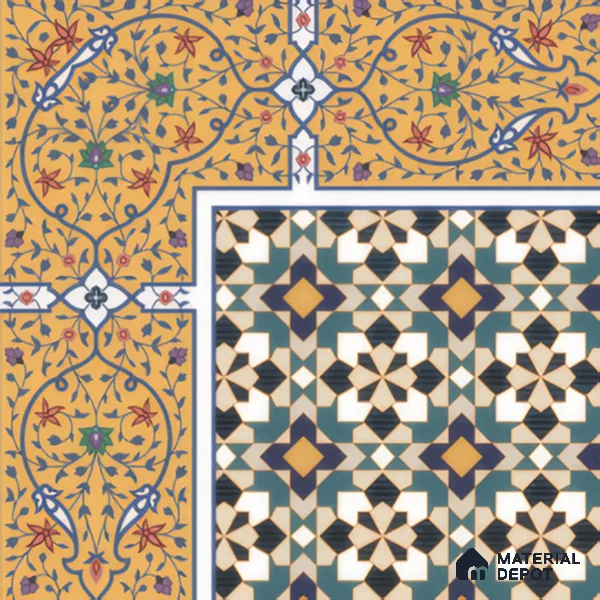 Moroccan Carpet Floor Tile TL 00205 A Corner Yellow & Blue 1 ft x 1 ft Matte Finish Ceramic Tile - 9 mm | Suitable For Living Room, Kitchen, Dining Area | Please Expect a Slight Variation of Pattern